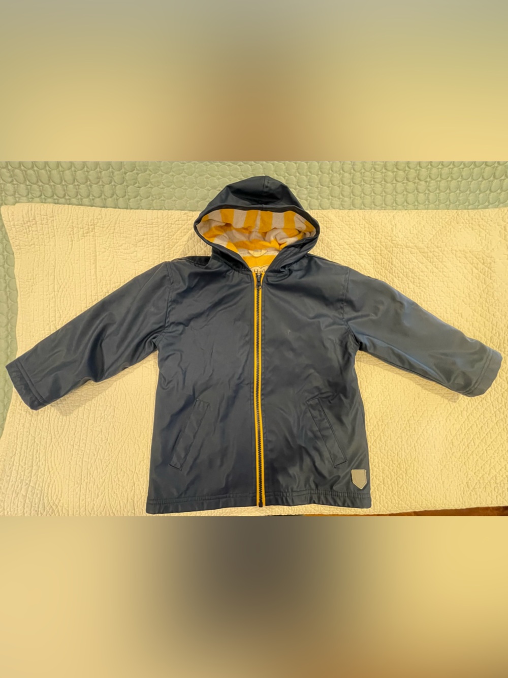 Hatley Navy Hooded Kids Rain Jacket Yellow Stripe Lining Sz 5